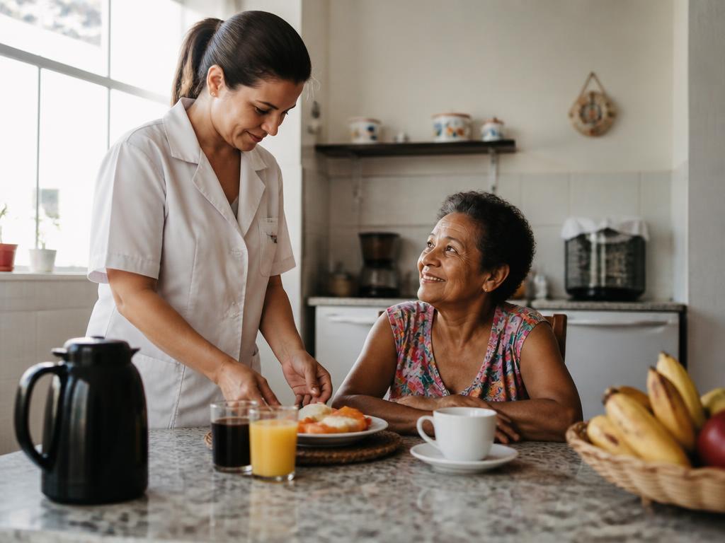 Cuidadora servindo o café da manhã para uma senhora na cozinha de casa